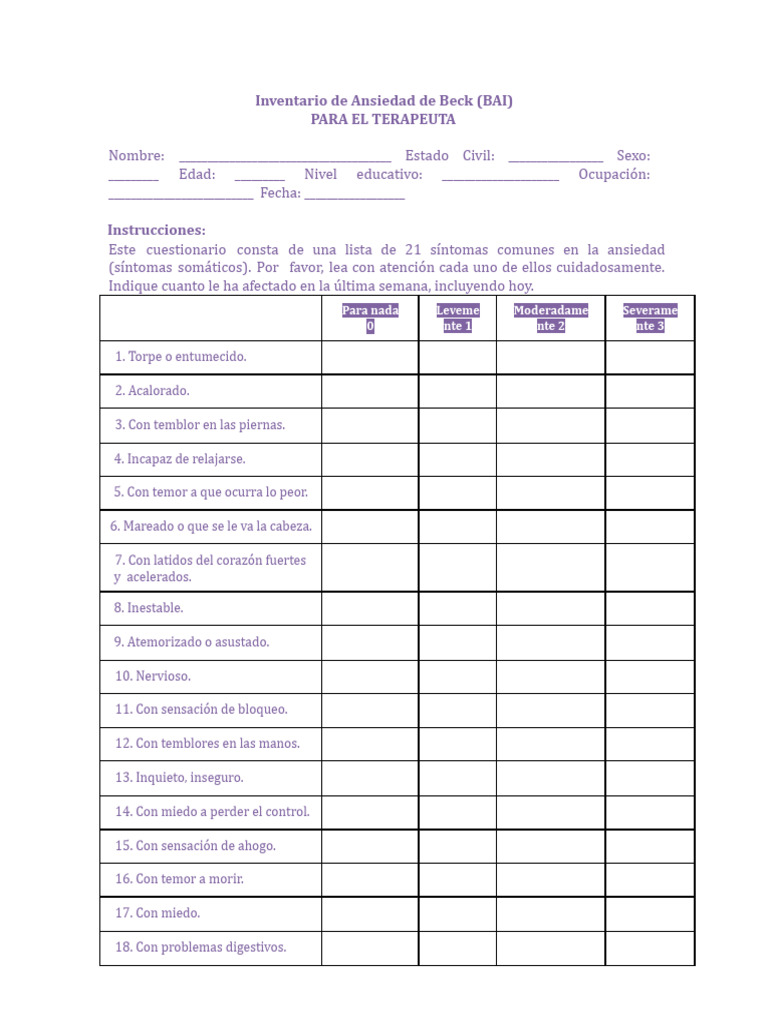 Guía para Terapeutas: Inventario BAI | PDF | Ansiedad | Relaciones ...