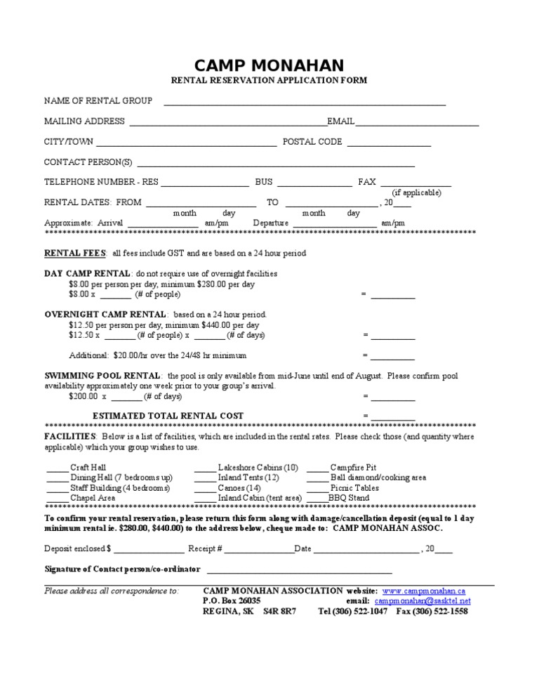 Camp Rental Application Form | PDF