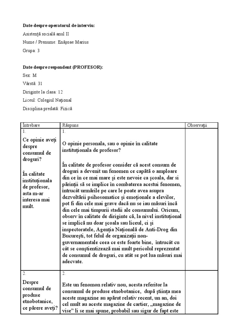 Interviu Cu Un Profesor. Droguri | PDF