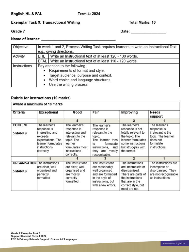 Term 4 Grade 7 Exemplar Task 9 2024 | PDF
