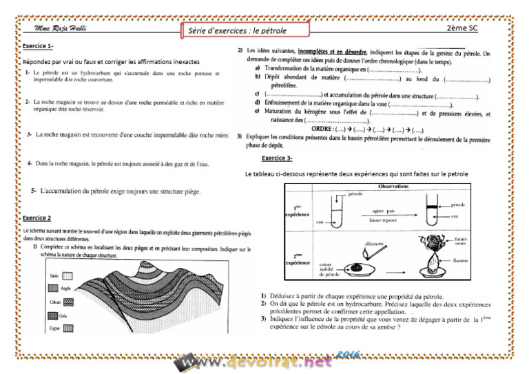 Série D'exercices - SVT - Le Pétrole - 2ème Sciences (2016-2017) Mme ...