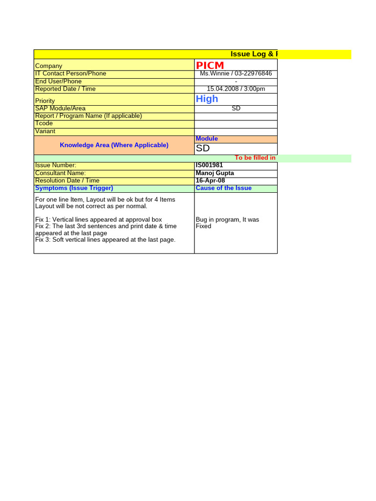 IS001981 - Issue Log - DN Layout - V1 | PDF