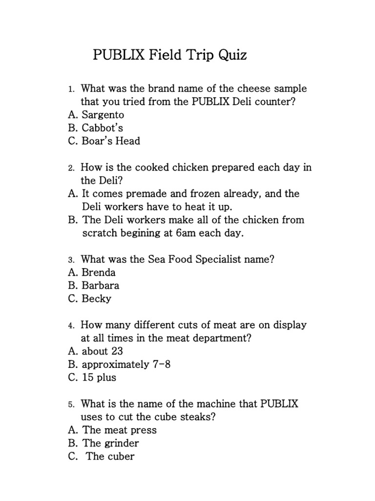 PUBLIX Field Trip Quiz PDF Foods Food And Drink