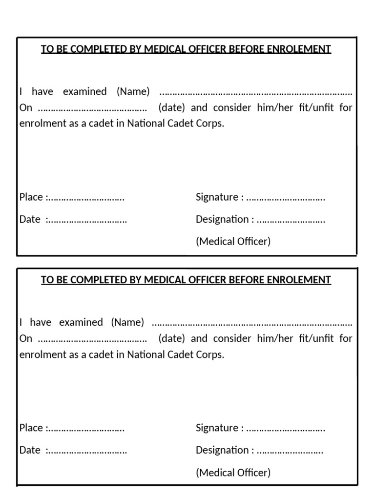 To Be Completed by Medical Officer Before Enrolement | PDF