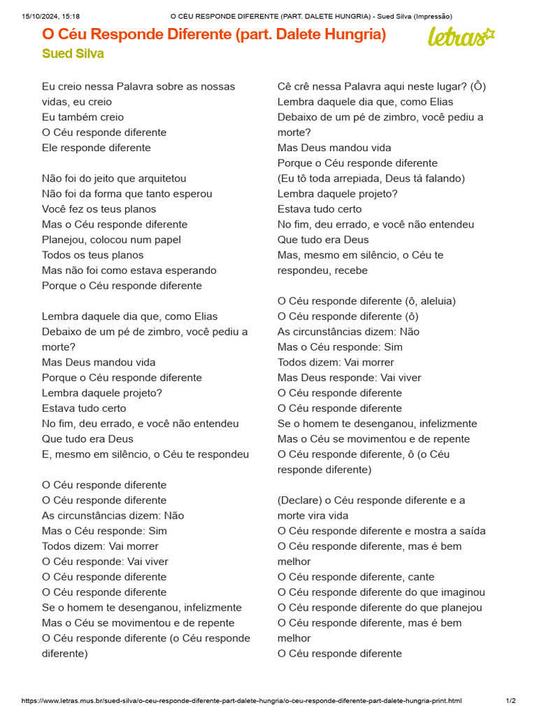 O CÉU RESPONDE DIFERENTE (PART. DALETE HUNGRIA) - Sued Silva (Impressão ...
