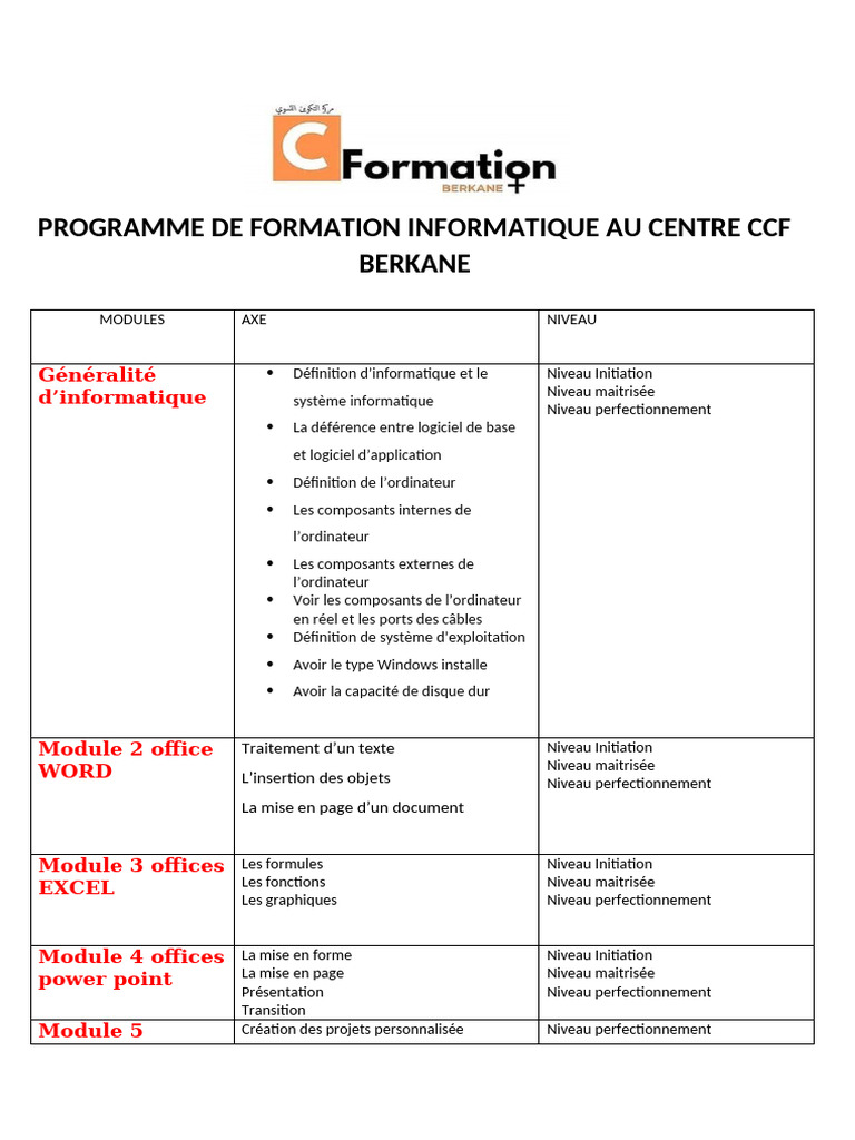 Programme de Formation Informatique Au Centre CCF Berkane: Généralité D ...