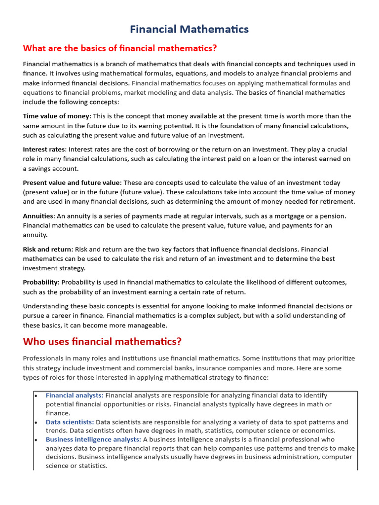 Financial Mathematics Notes | PDF