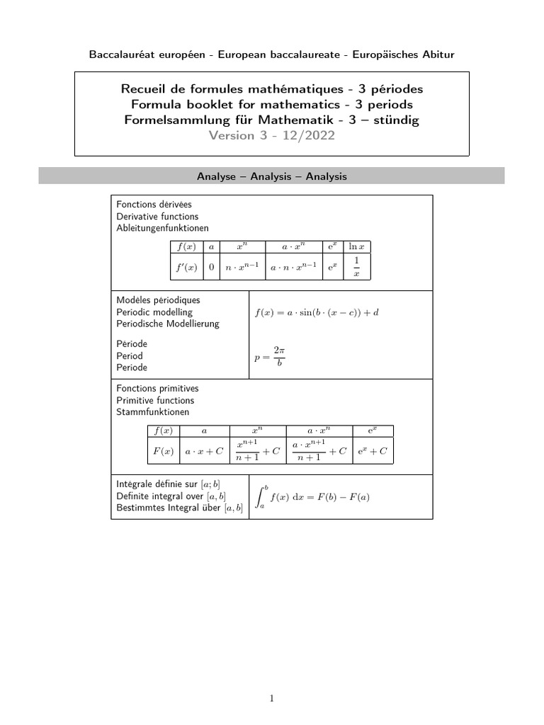 Recueil de Formules Mathématiques - 3 Périodes Formula Booklet For ...