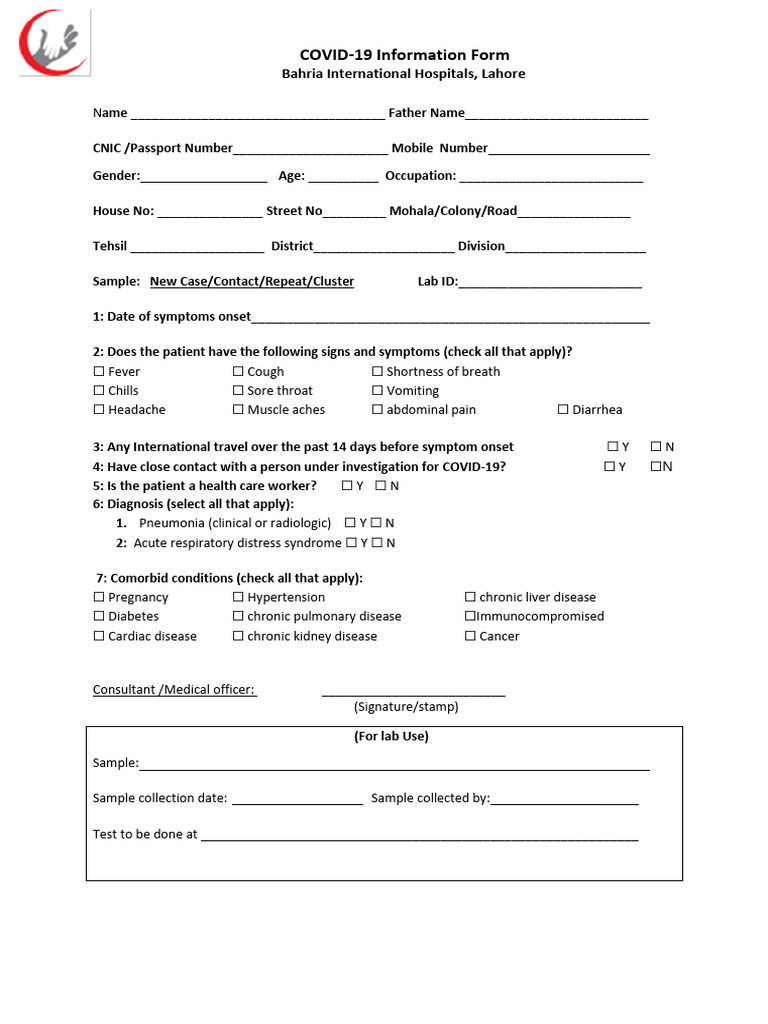 COVID 19 Patients Information Form Bahria International Hospital PDF