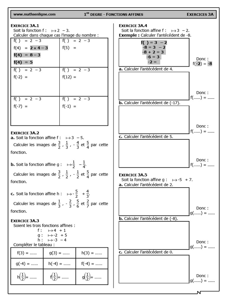 2nde - Ex 0D - Rappel - Fonctions Affines (Calculs D'images Et D ...