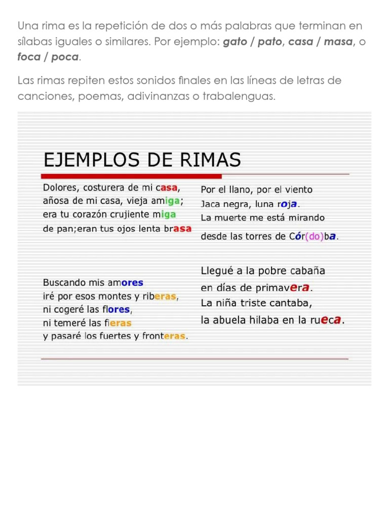 Una Rima Es La Repetición de Dos o Más Palabras Que Terminan en Sílabas ...
