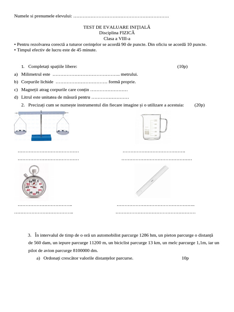 Test Initial Clasa 8-Fizica | PDF
