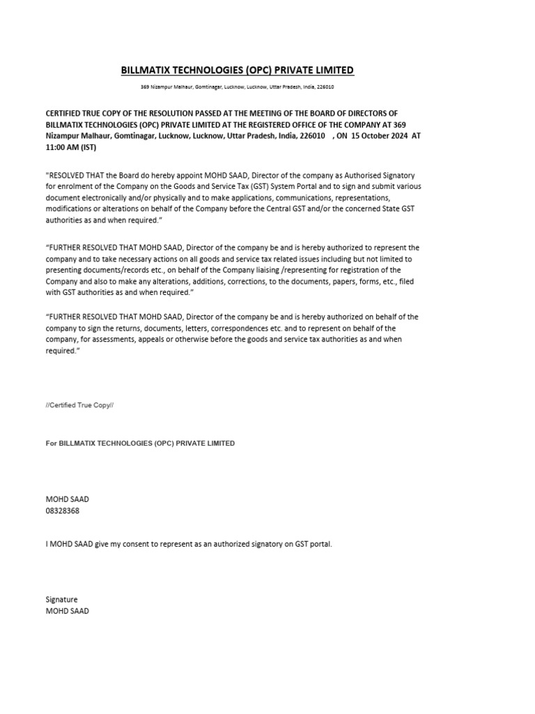 GST Authorization Resolution for Director | PDF