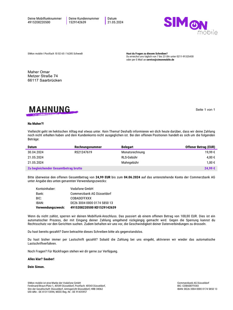 Mahnung Vom 21.05.2024 | PDF