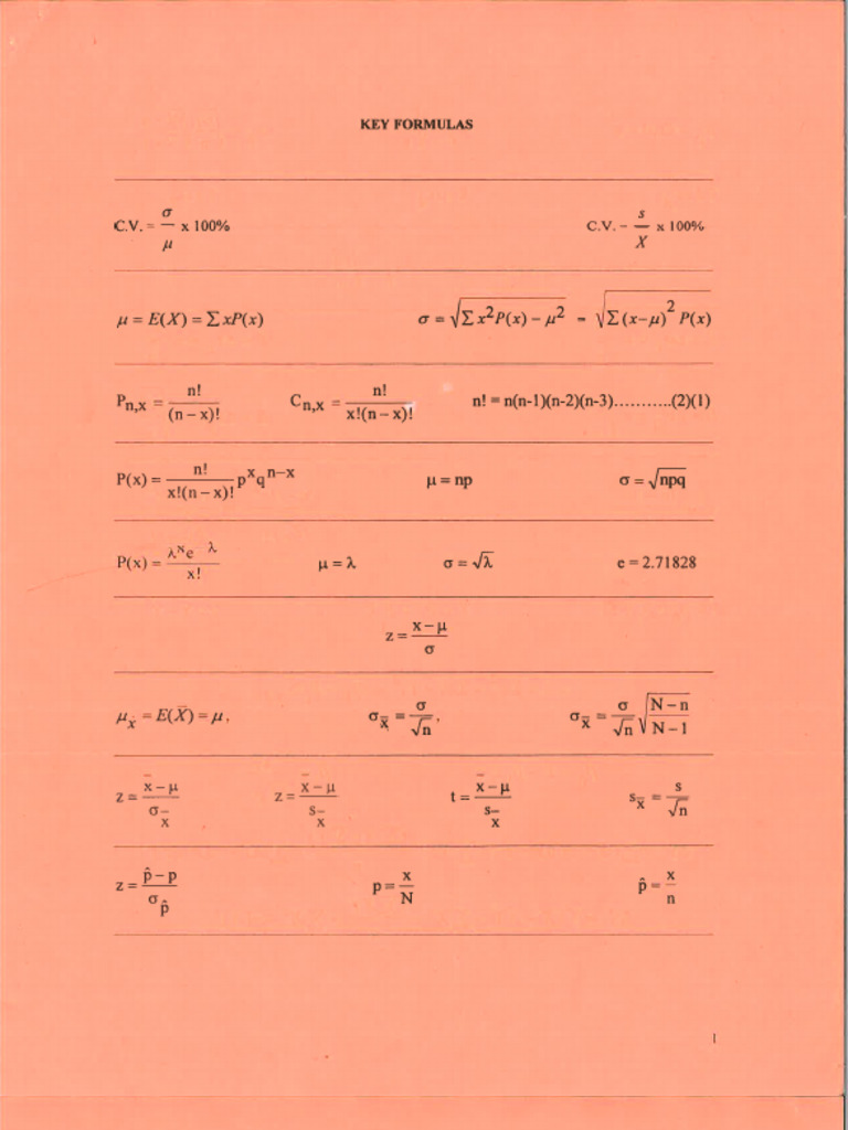 BusinessAnalytics KeyFormulas | PDF