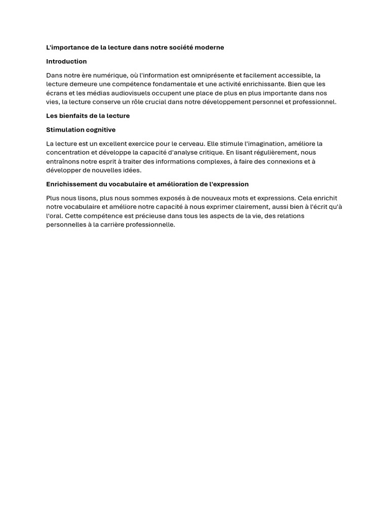 L'importance de La Lecture Dans Notre Société Moderne | PDF