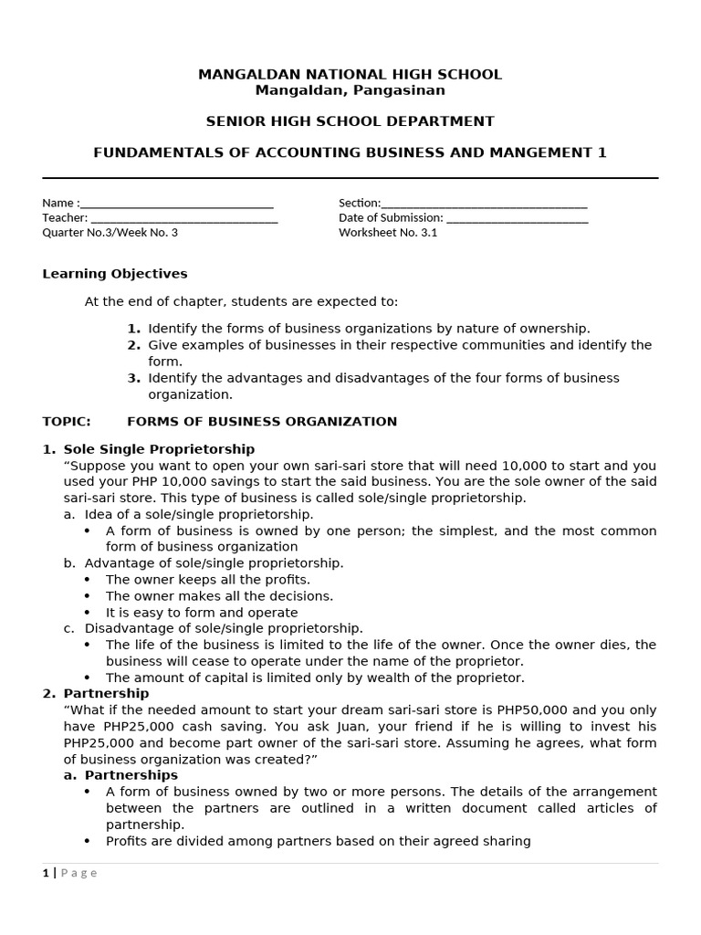 Week 3 1 lesson 4 forms of business organization pdf