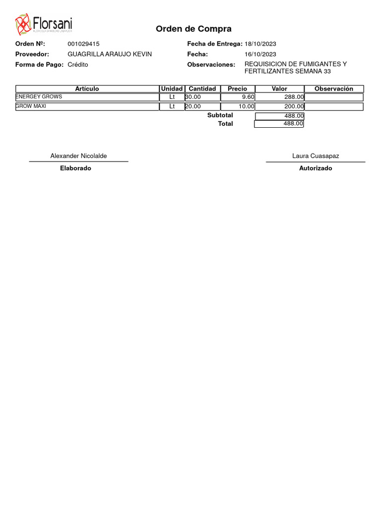 Orden de Compra Florsani | PDF