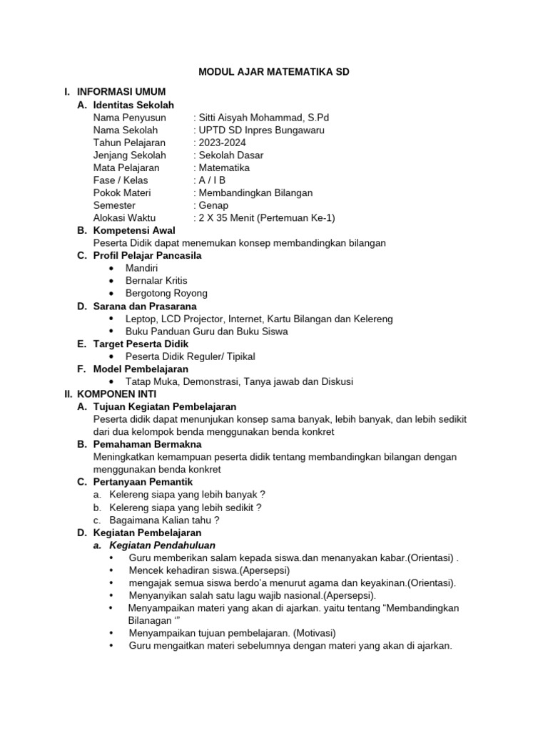 Modul Ajar Matematika SD Kelas I B | PDF