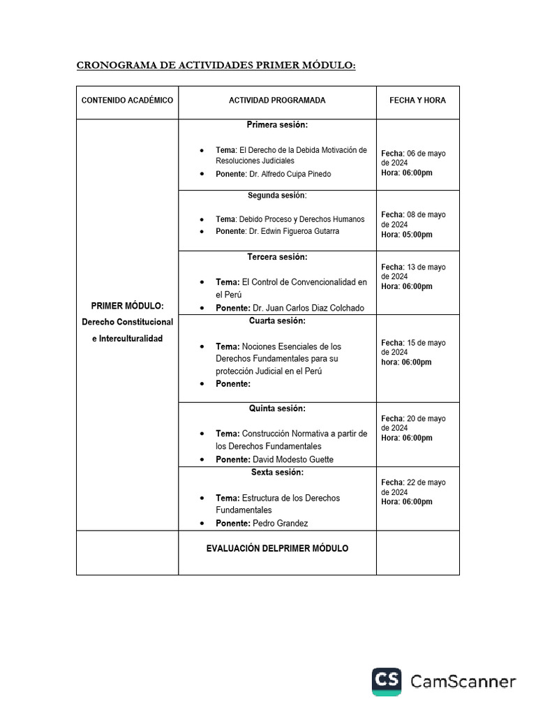 Cronograma De Actividades Primer Módulo Pdf