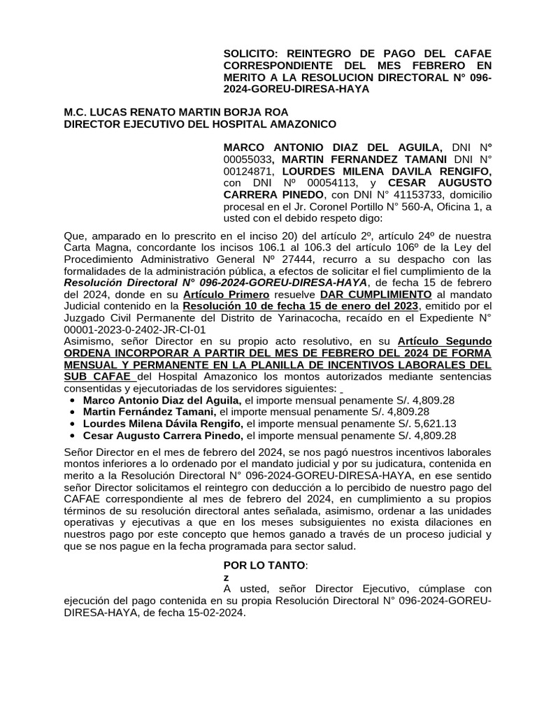 Solicito Reintegro Marcos y Martin Cafae | PDF