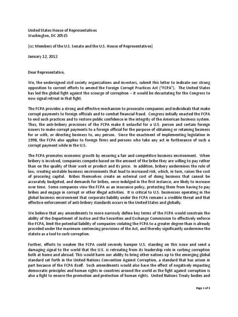 Defending The FCPA - CSO Letter To U.S. House Jan 12, 2012 | PDF ...