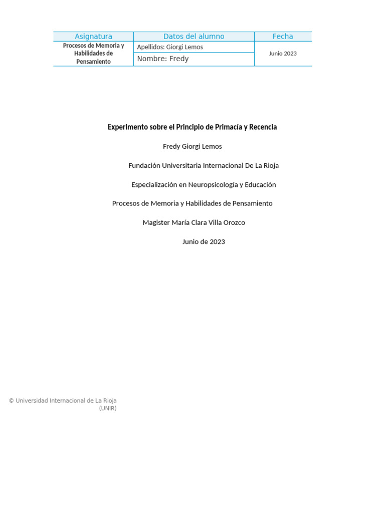 Experimento Sobre El Principio de Primacía y Recencia | PDF