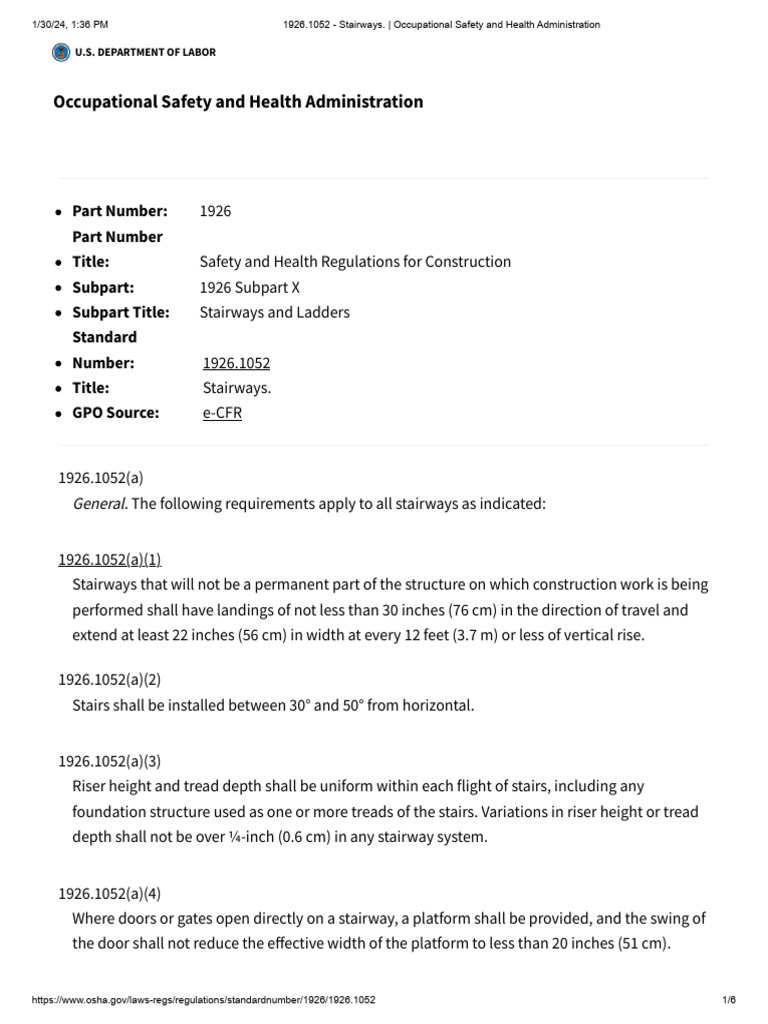 OSHA Standards for Stairways 1926.1052 | PDF | Stairs | Technology ...