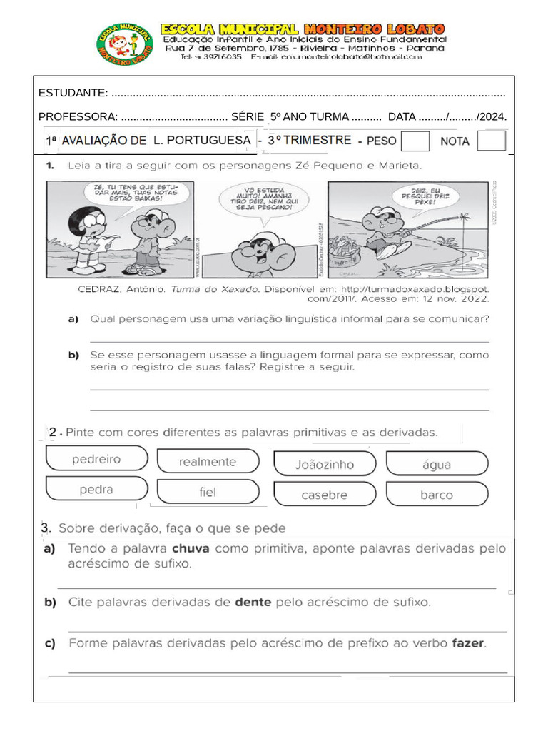 Avaliação 1 de Língua Portuguesa 3º Trimestre | PDF