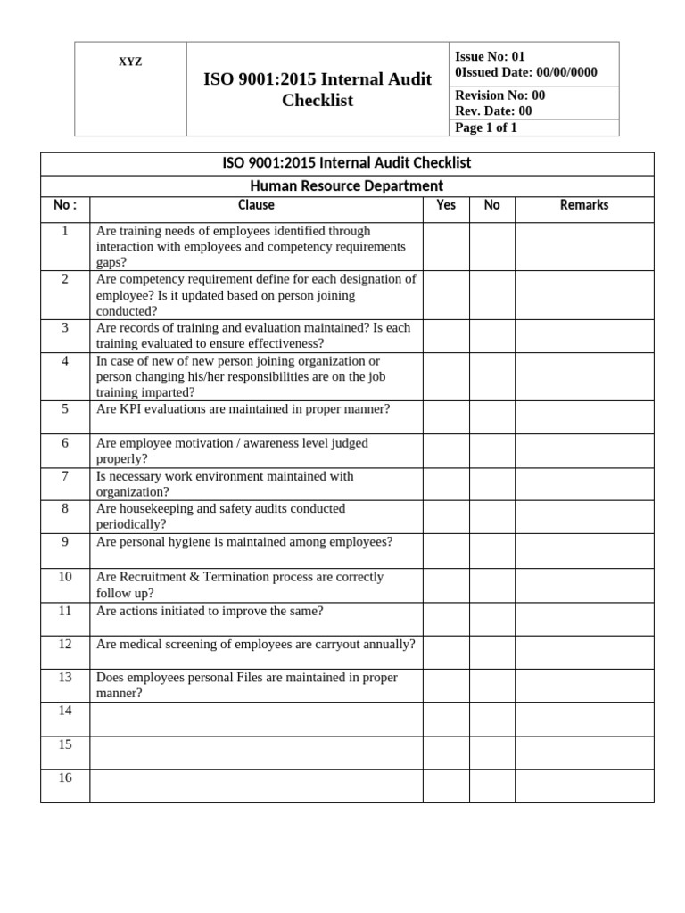 HR Internal Audit Checklist ISO 9001:2015 | PDF