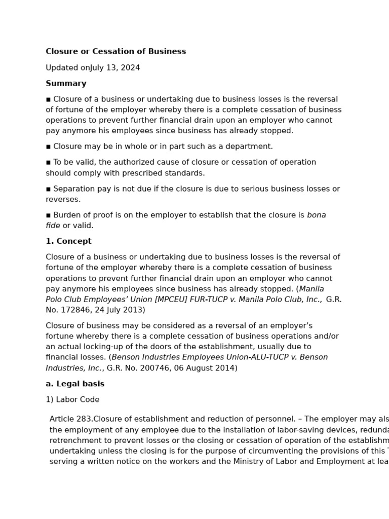 Closure Or Cessation Of Business Basis Pdf