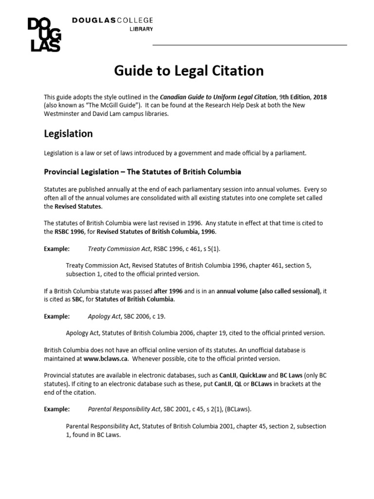 Guide To Legal Citation Douglas College | PDF