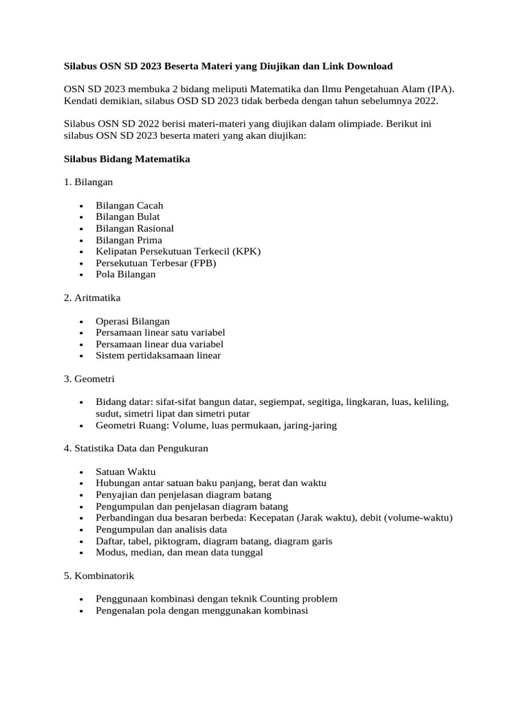 Silabus OSN Matematika SD 2023 | PDF | Metode & Bahan Ajar