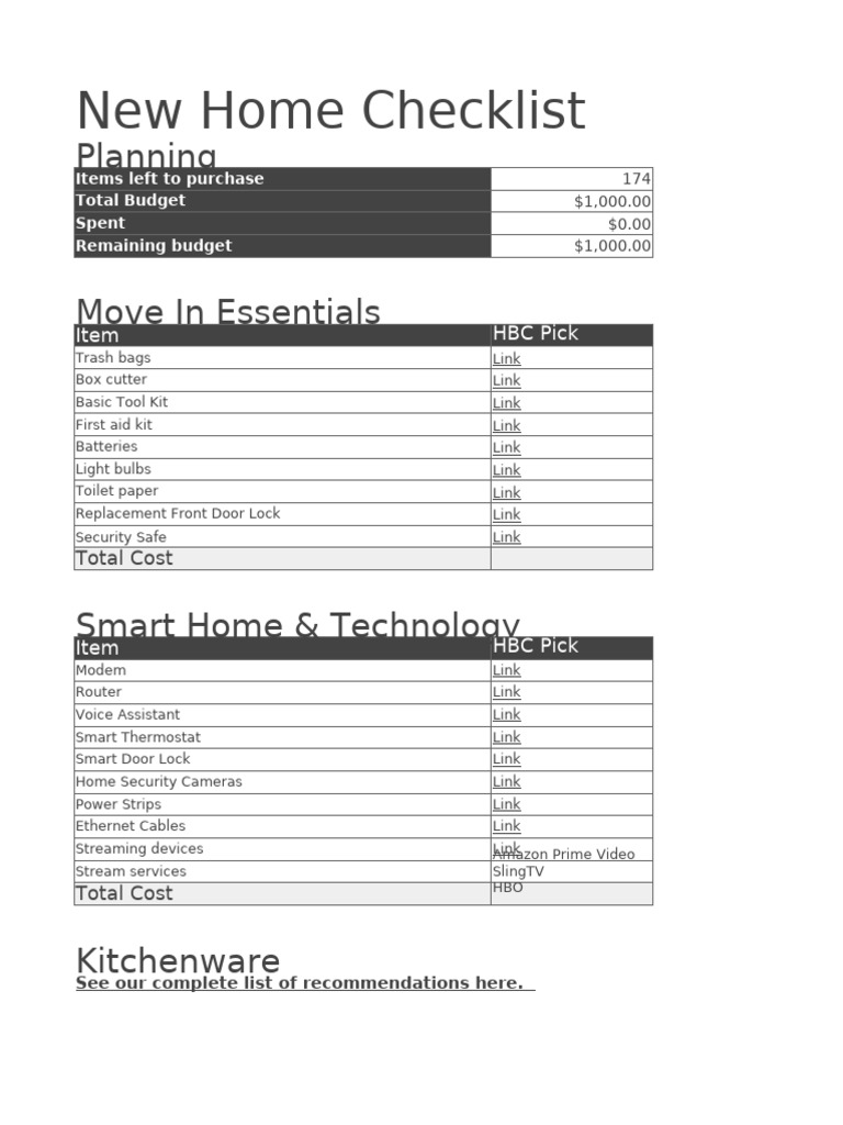 New Home Checklist | PDF