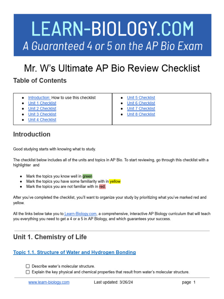 Mr. W 039 S AP Bio Review Checklist.01 | PDF
