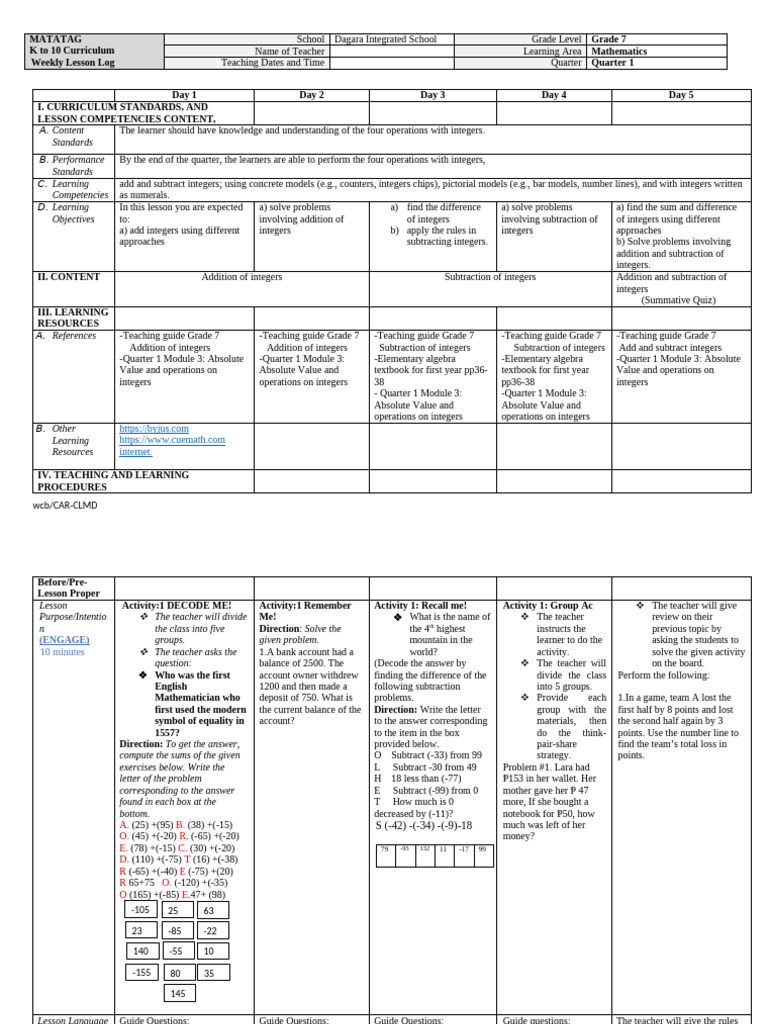 MATATAG-Lesson-Plan-Math7-Add-subtract-integers-day1-Marites Pinading | PDF