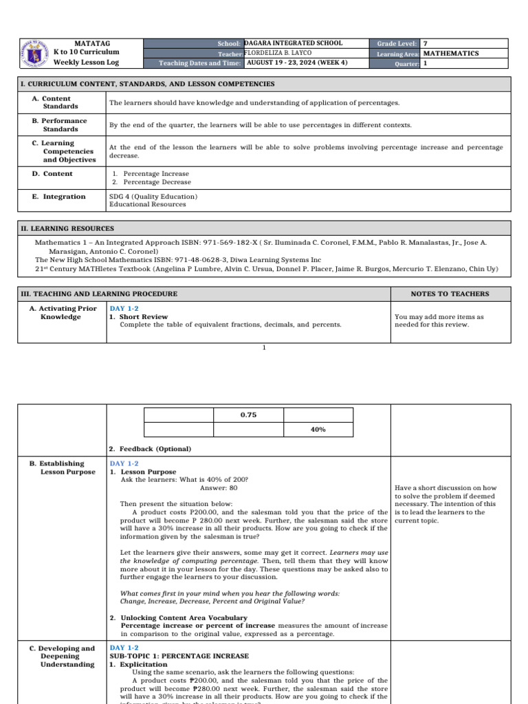 Dll Matatag Math 7 Q1 W4 Pdf