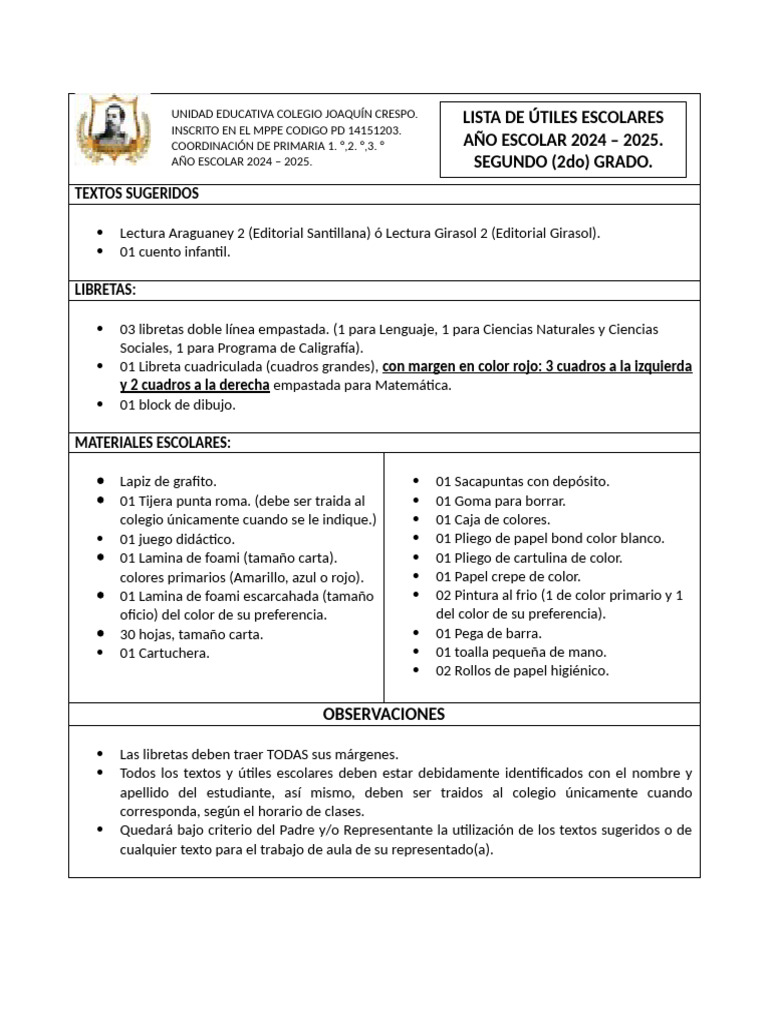 Lista de Útiles Escolares Segundo (2do) Grado. | PDF