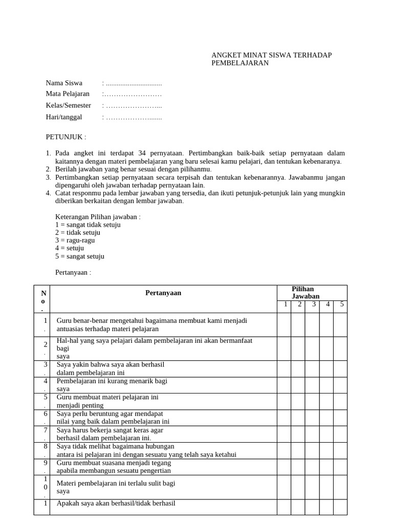 Contoh Angket Siswa Terhadap Minat Pembelajaran | PDF