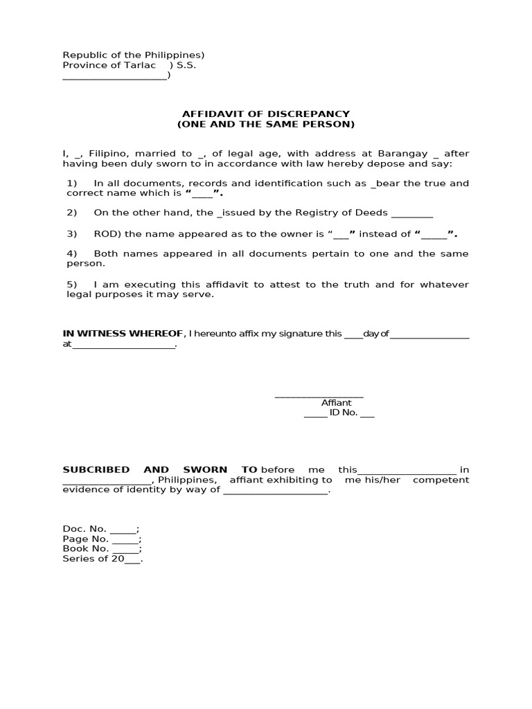 Affidavit of Discrepancy (One and The Same Person) - Format | PDF