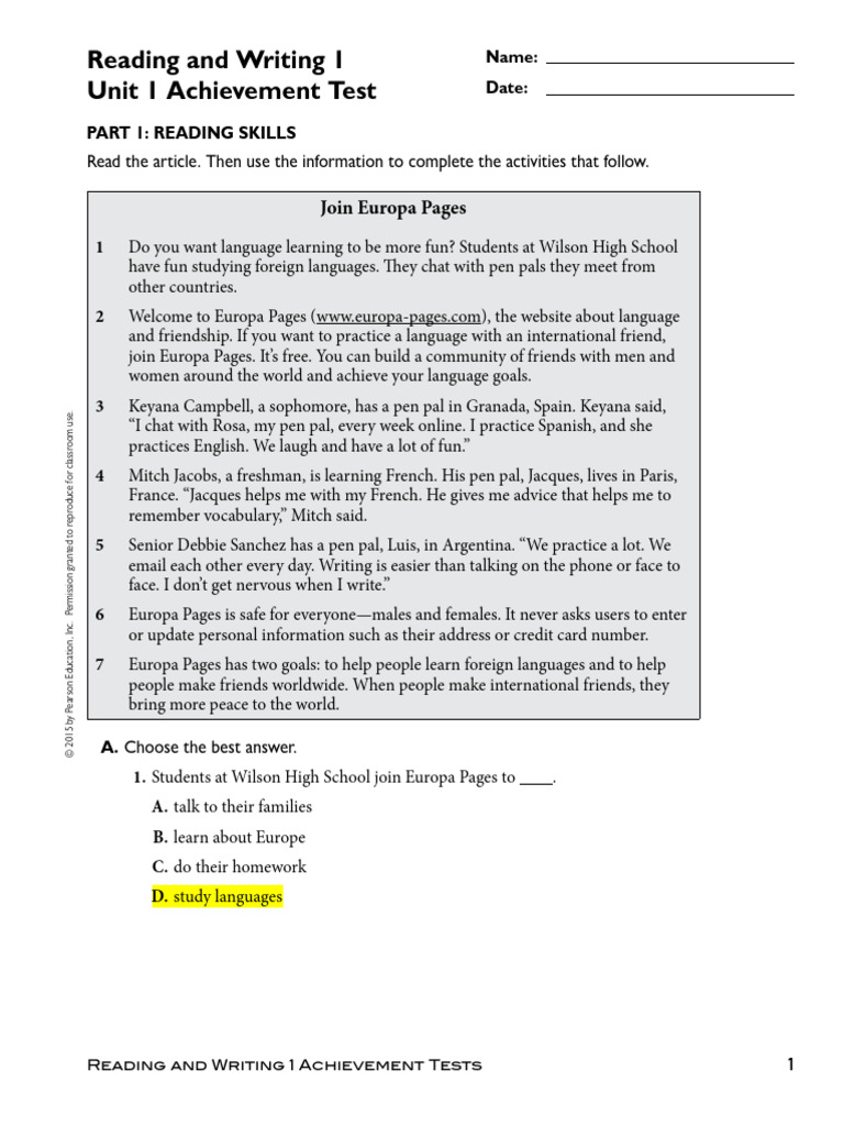 Achievement Test 1 | PDF