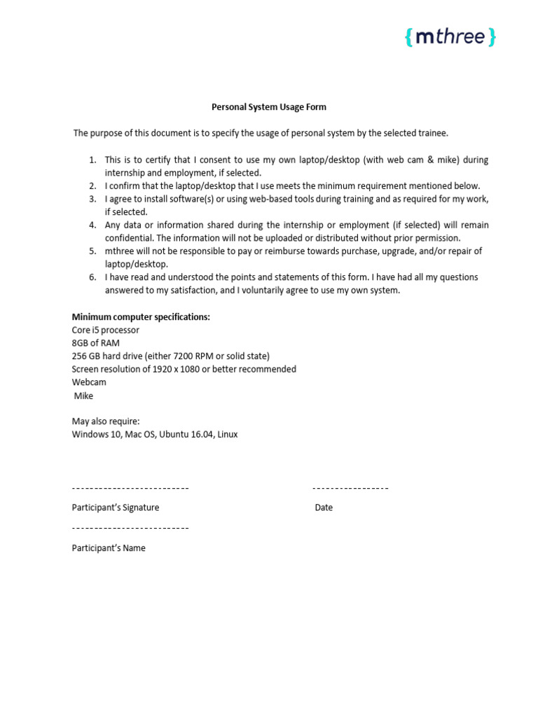 System Usage and Technical Specification Declaration Form | PDF