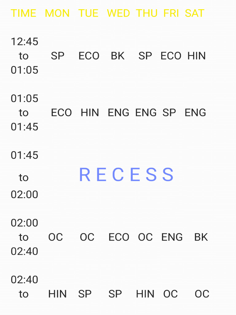College Time Table Format