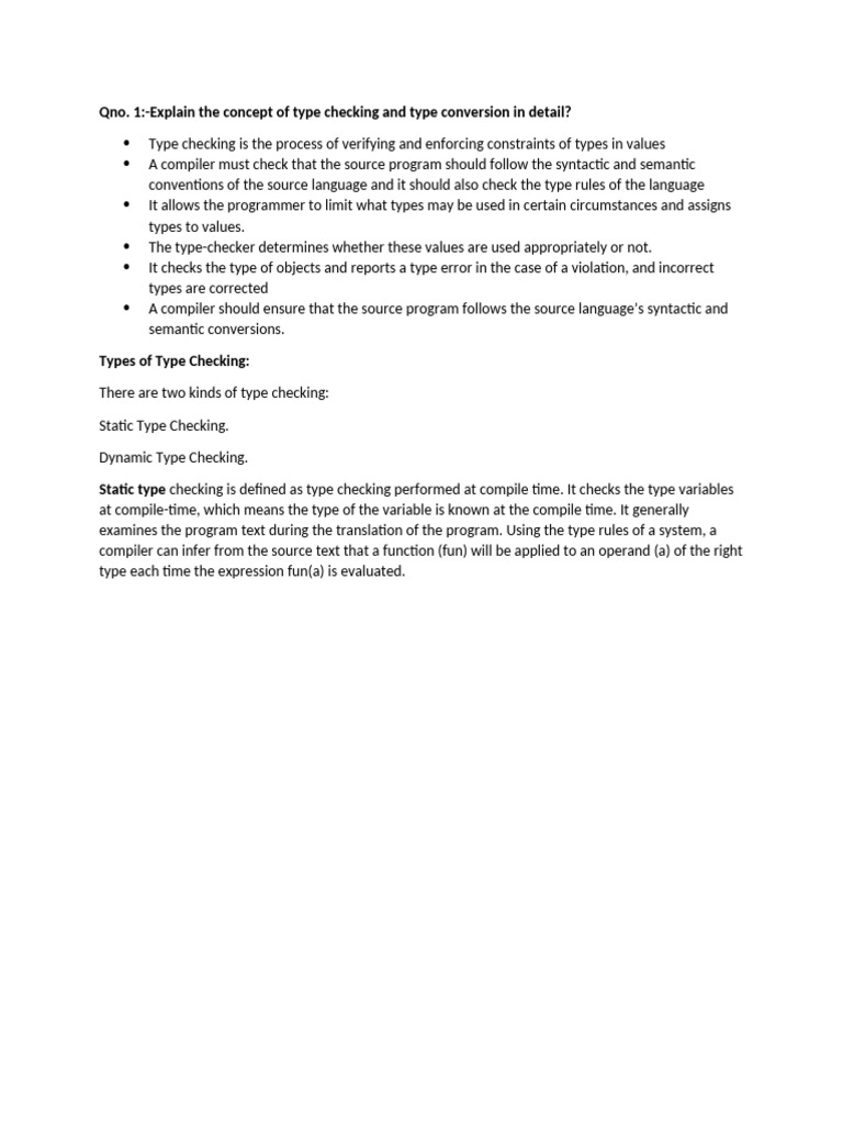 Qno. 1:-Explain The Concept of Type Checking and Type Conversion in ...