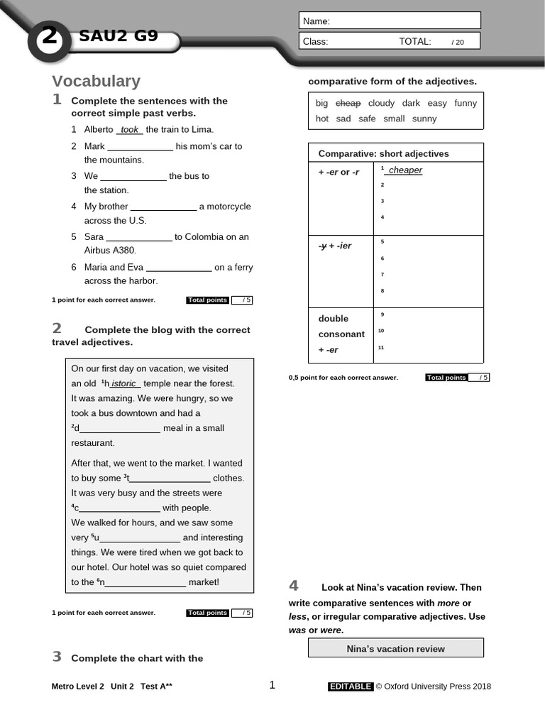 Metro Level 2 Unit 2 Test a Two Stars - Копия | PDF