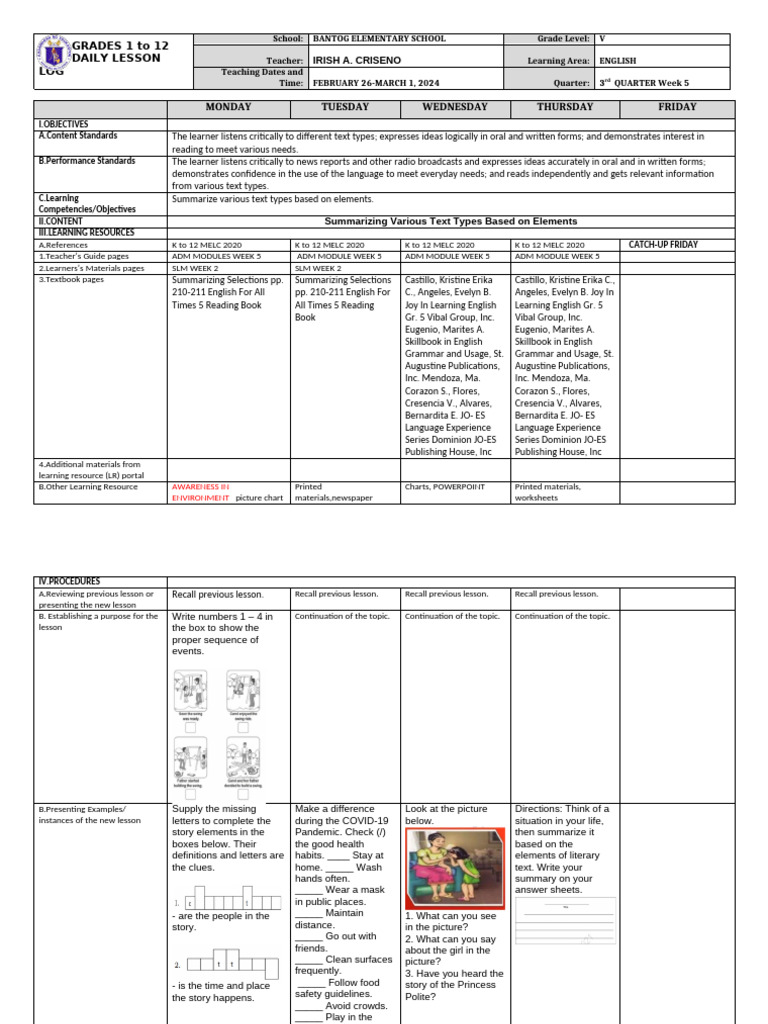 Grade 5 English Daily Lesson Plan | PDF | Narrative