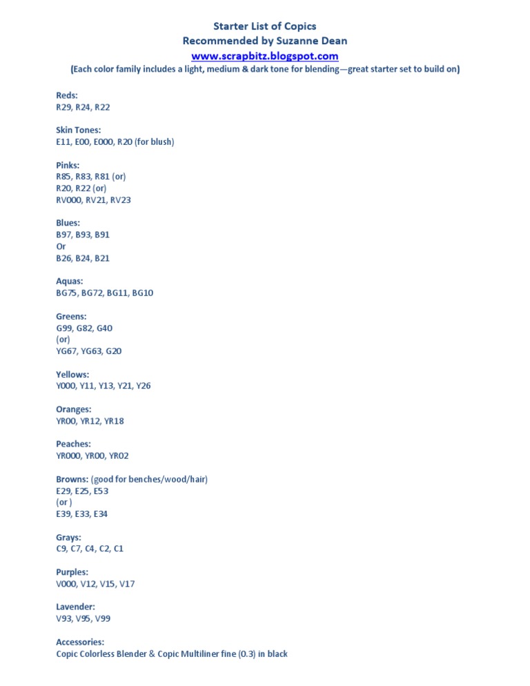 Essential Copic Color Starter List | PDF