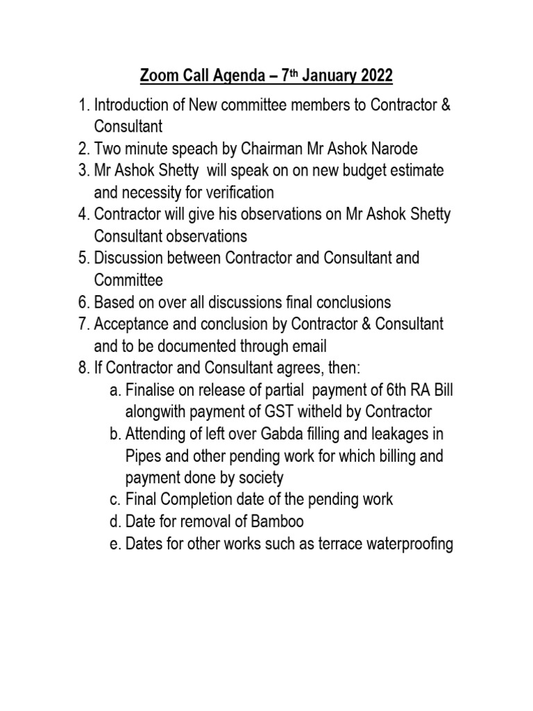 Zoom Call Agenda 7th Jan 2022 | PDF