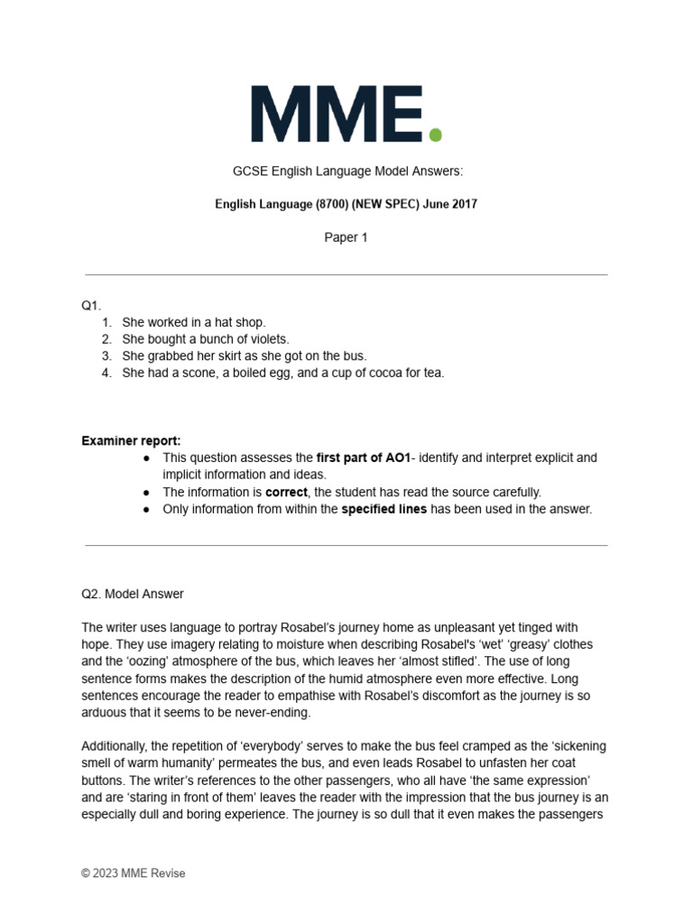 AQA GCSE English Language Model Solutions June 2017 Paper 1 | PDF