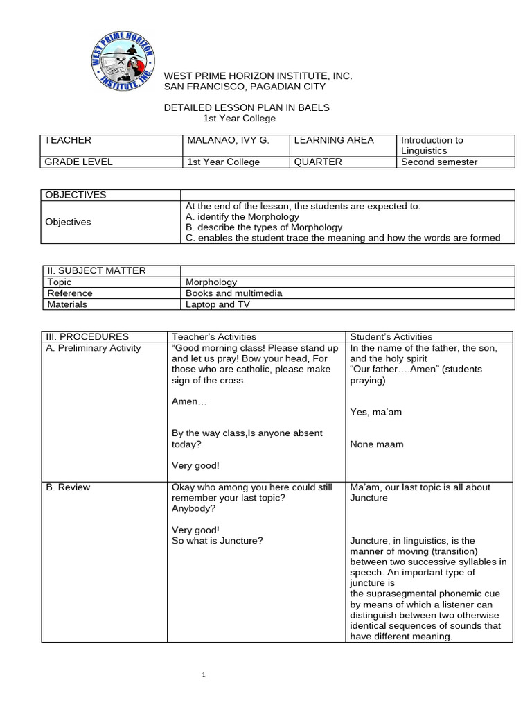 Elt Lesson Plan | PDF | Word | Foreign Language Studies